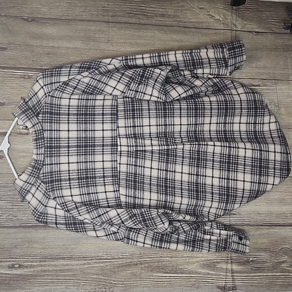 French Connection Flannel Shirt Sz XS Cream BLK Popover Plaid Top - Picture 6 of 7